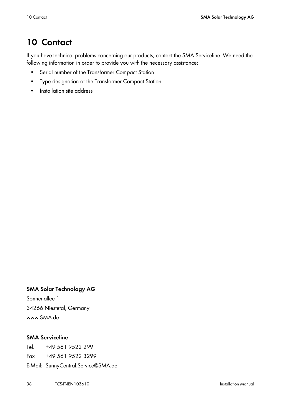 10 contact, Contact | SMA TCS 500-SC User Manual | Page 38 / 40