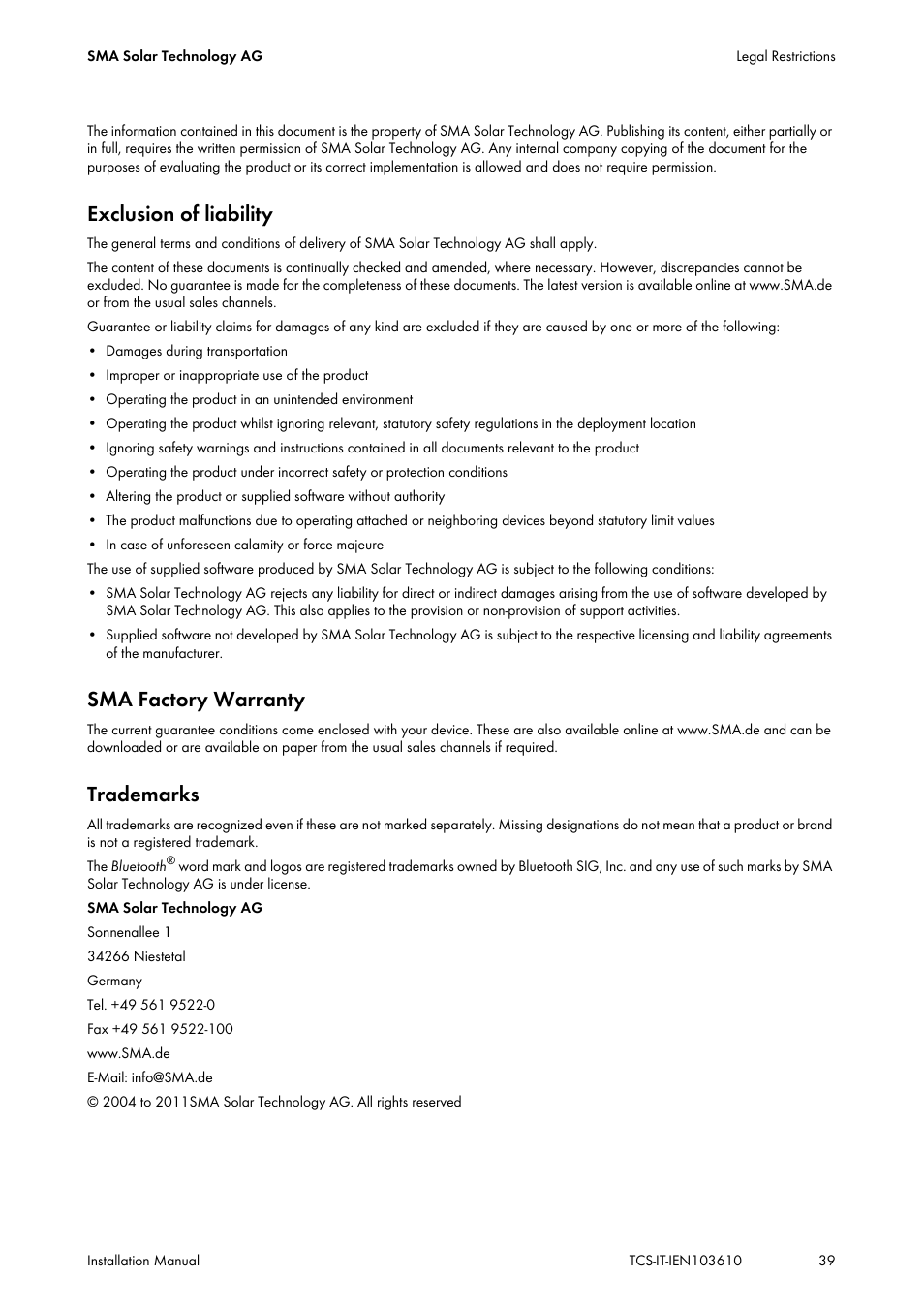 Exclusion of liability, Sma factory warranty, Trademarks | SMA TCS 500-SC User Manual | Page 39 / 40