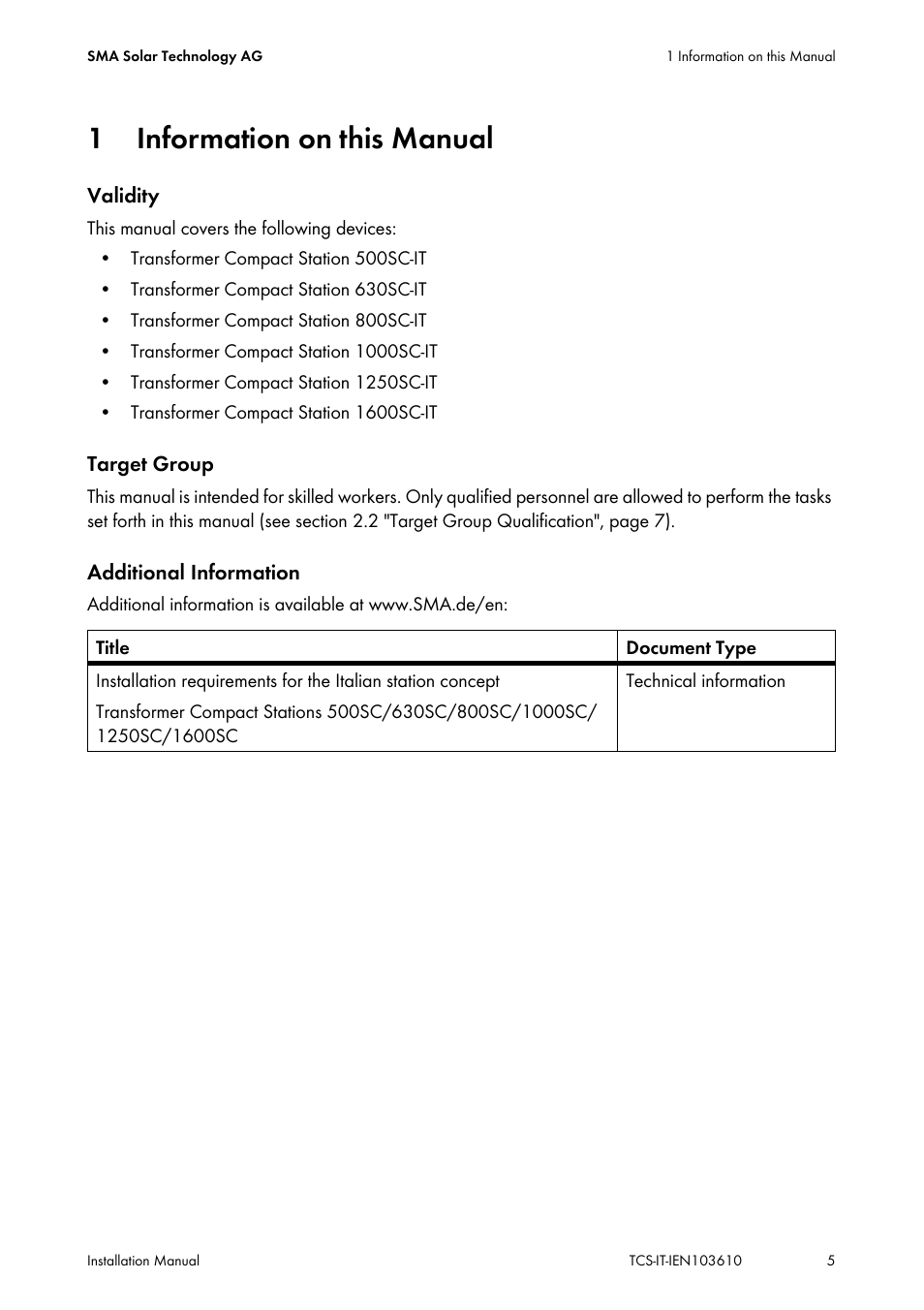 1 information on this manual, Information on this manual | SMA TCS 500-SC User Manual | Page 5 / 40