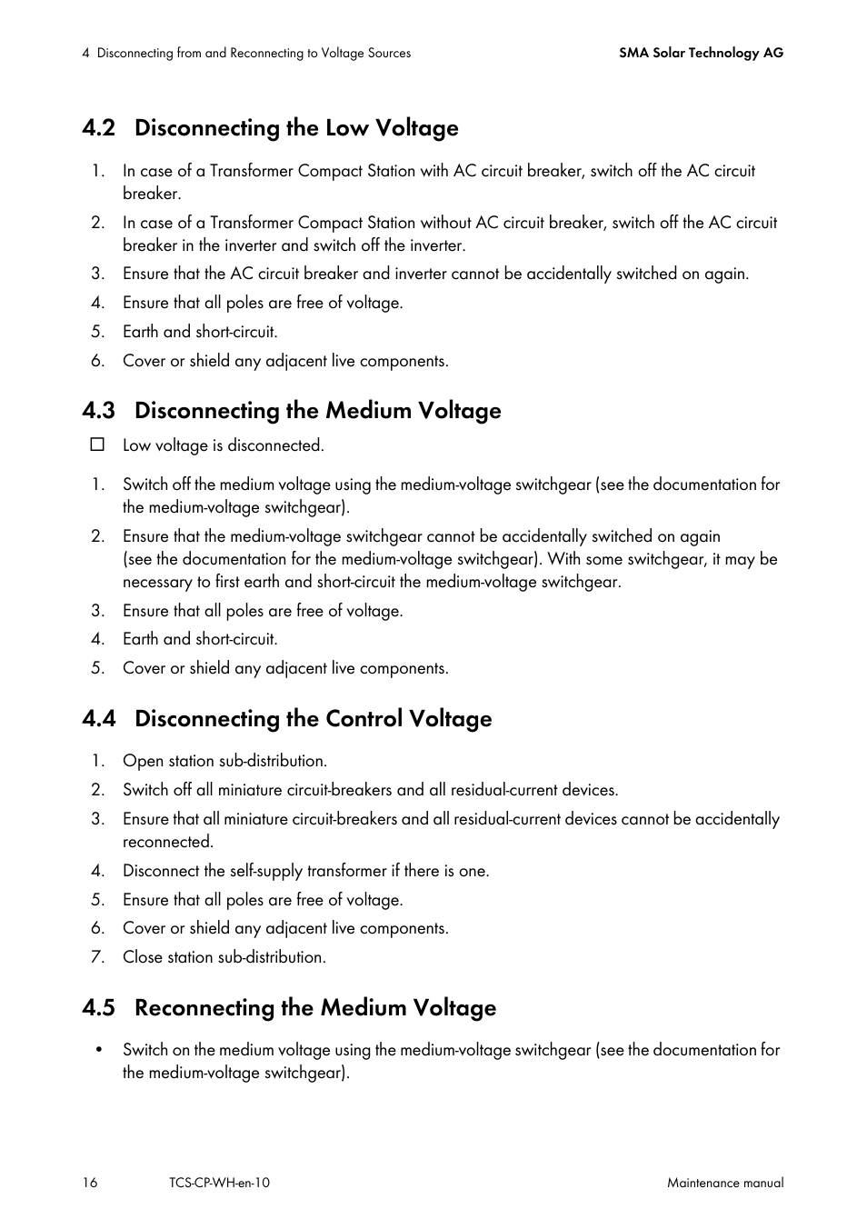 2 disconnecting the low voltage, 3 disconnecting the medium voltage, 4 disconnecting the control voltage | 5 reconnecting the medium voltage | SMA TCS 500-SC Maintenance manual User Manual | Page 16 / 28