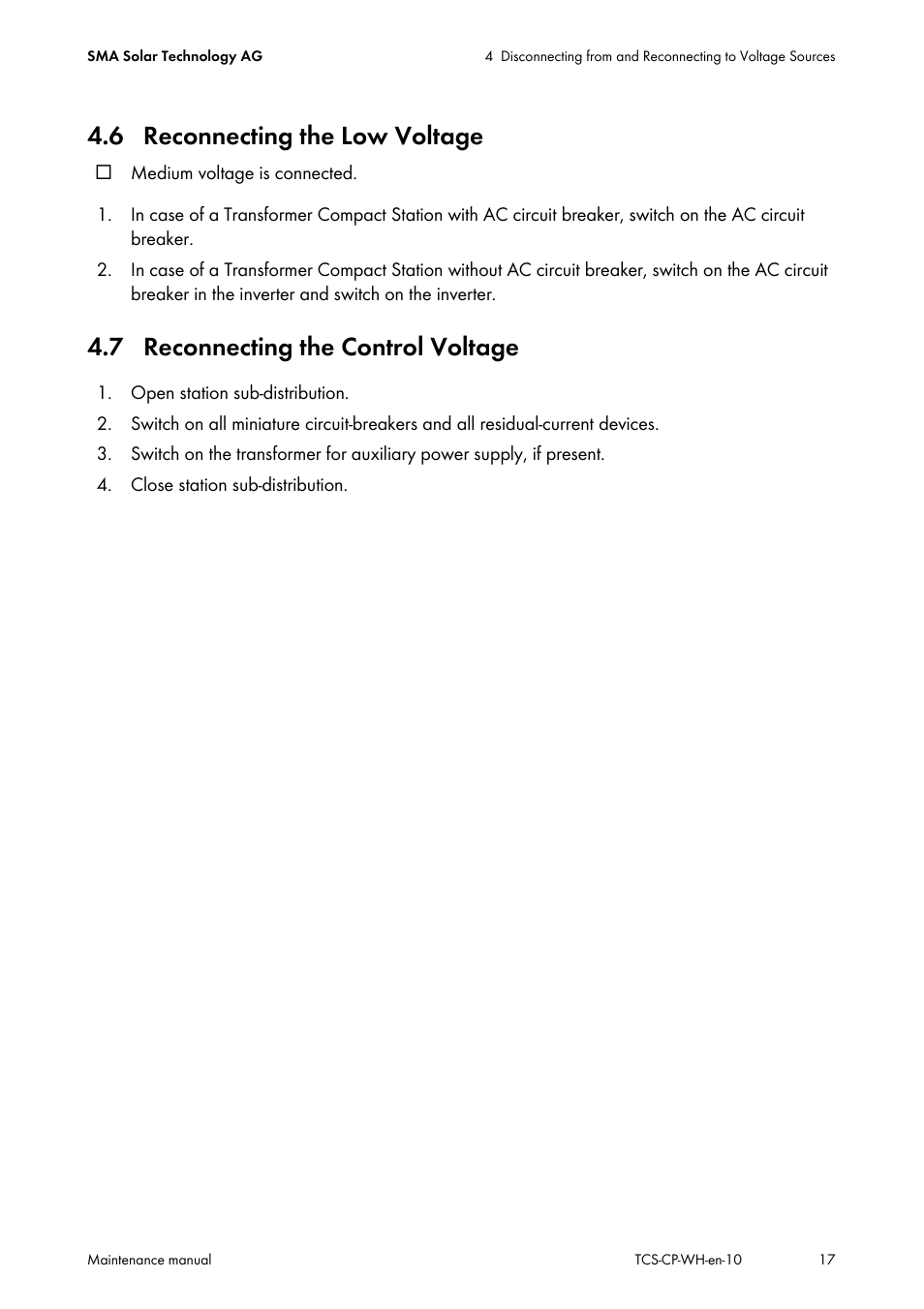 6 reconnecting the low voltage, 7 reconnecting the control voltage | SMA TCS 500-SC Maintenance manual User Manual | Page 17 / 28