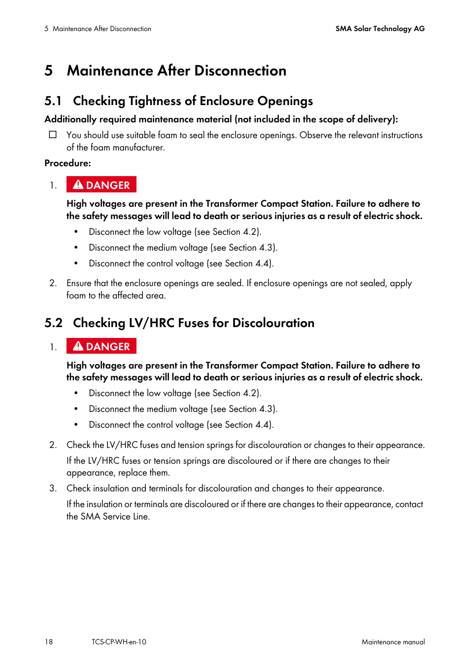 5 maintenance after disconnection, 1 checking tightness of enclosure openings, 2 checking lv/hrc fuses for discolouration | SMA TCS 500-SC Maintenance manual User Manual | Page 18 / 28