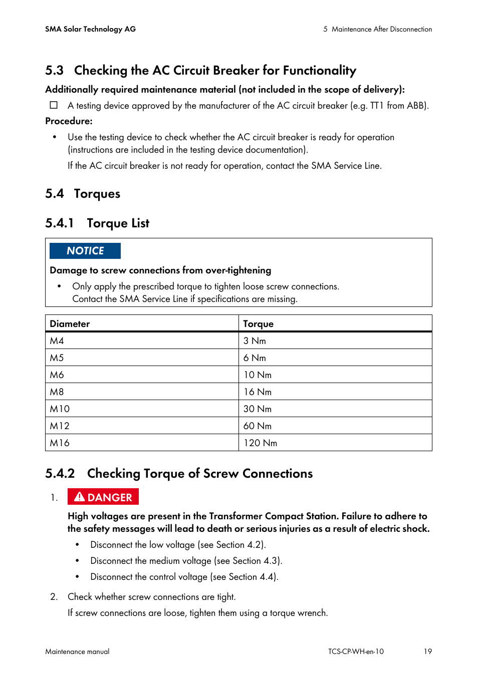 4 torques, 1 torque list, 2 checking torque of screw connections | SMA TCS 500-SC Maintenance manual User Manual | Page 19 / 28