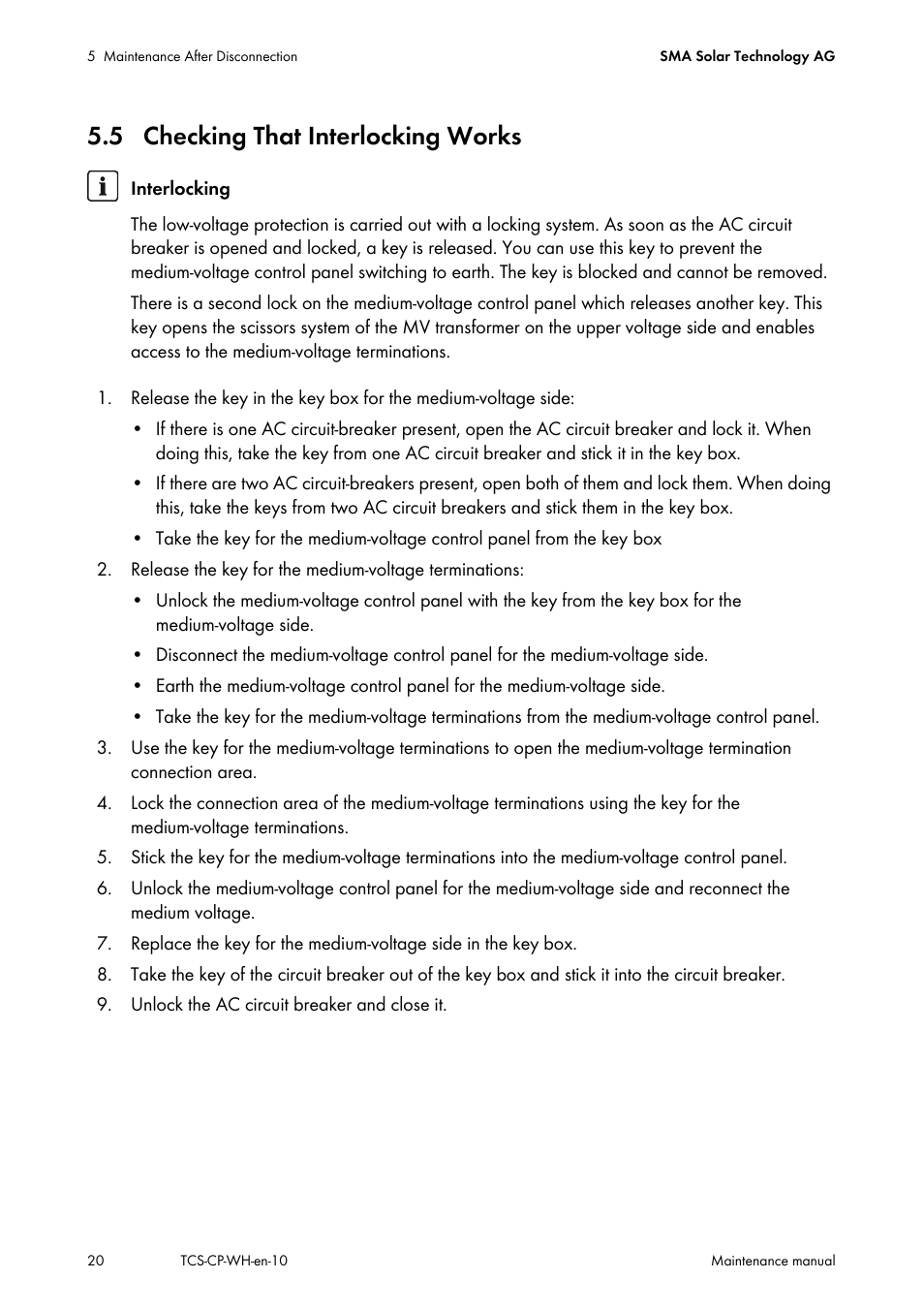 5 checking that interlocking works | SMA TCS 500-SC Maintenance manual User Manual | Page 20 / 28