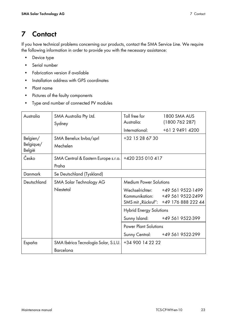 7 contact | SMA TCS 500-SC Maintenance manual User Manual | Page 23 / 28