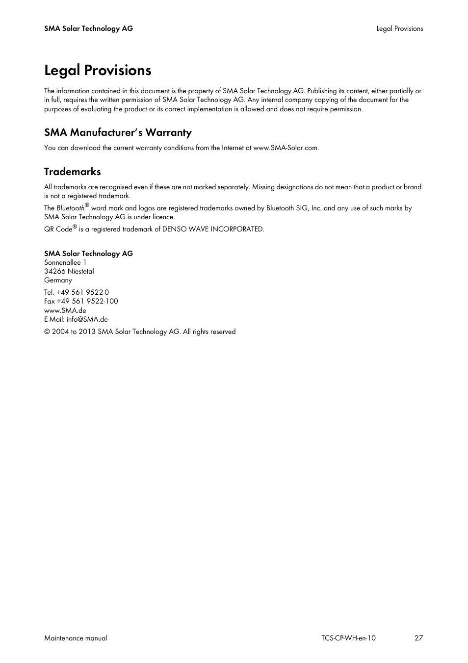 Legal provisions, Sma manufacturer’s warranty, Trademarks | SMA TCS 500-SC Maintenance manual User Manual | Page 27 / 28