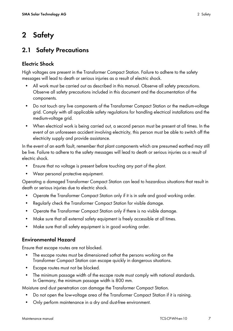 2 safety, 1 safety precautions | SMA TCS 500-SC Maintenance manual User Manual | Page 7 / 28