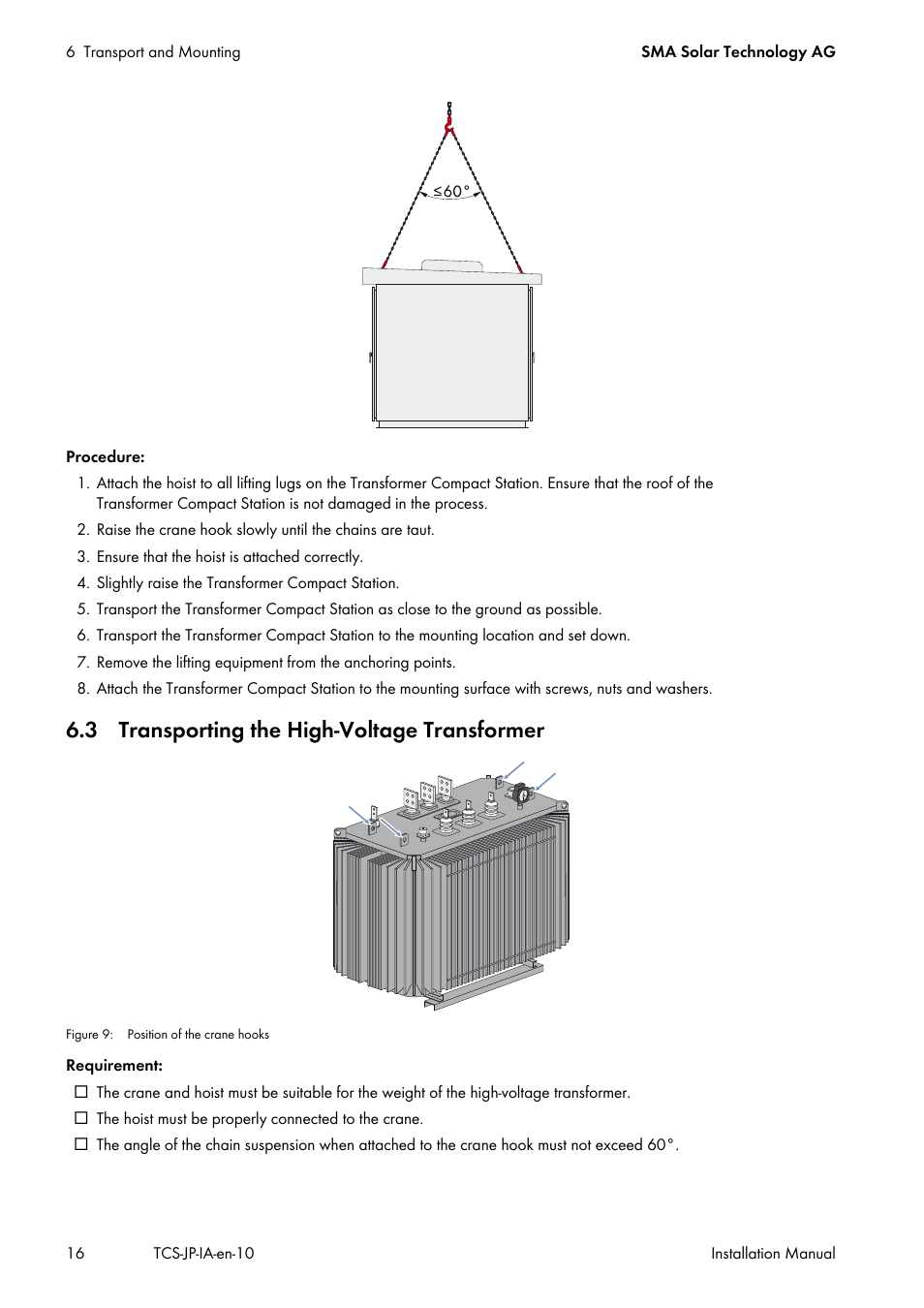 3 transporting the high-voltage transformer | SMA TCS 500SC-JP User Manual | Page 16 / 52