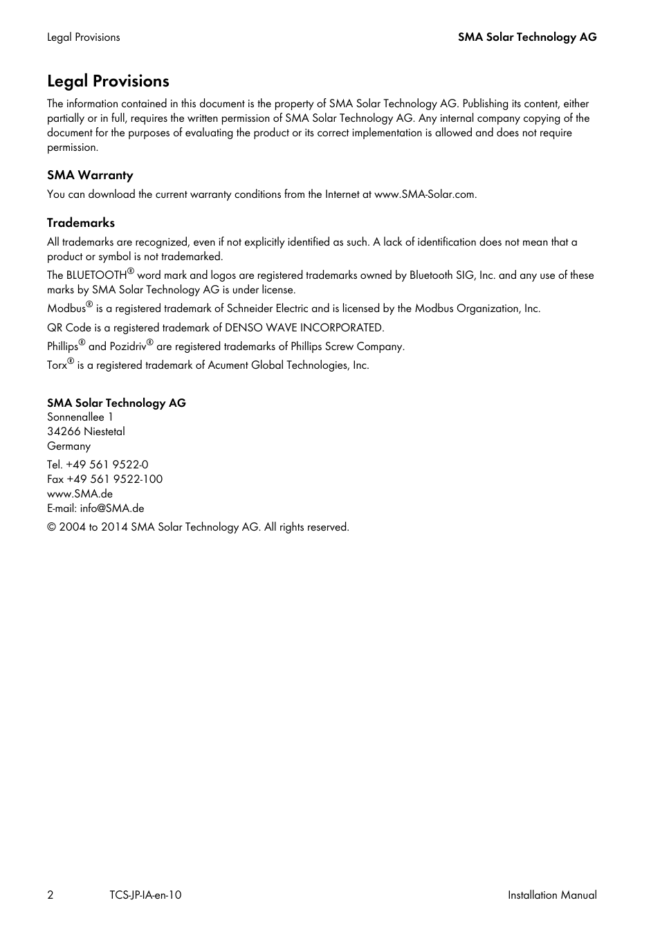 Legal provisions | SMA TCS 500SC-JP User Manual | Page 2 / 52