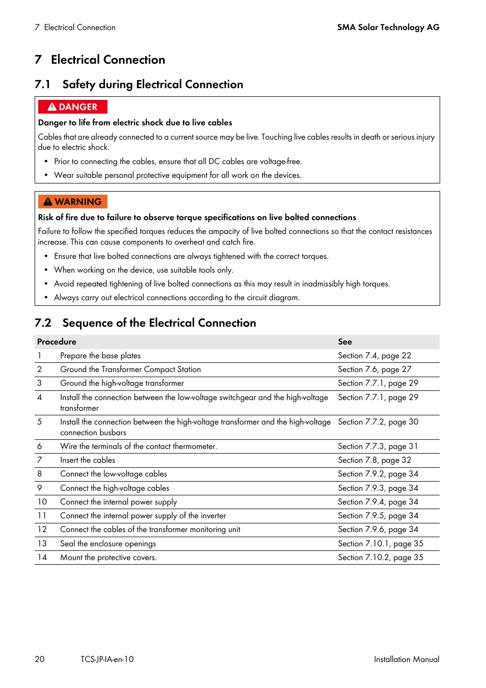 7 electrical connection, 1 safety during electrical connection, 2 sequence of the electrical connection | SMA TCS 500SC-JP User Manual | Page 20 / 52