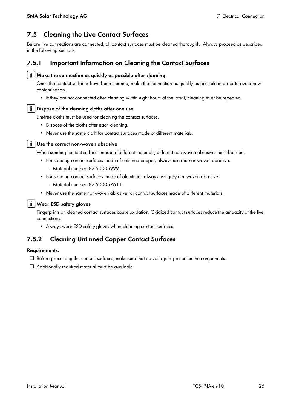 5 cleaning the live contact surfaces, 2 cleaning untinned copper contact surfaces | SMA TCS 500SC-JP User Manual | Page 25 / 52