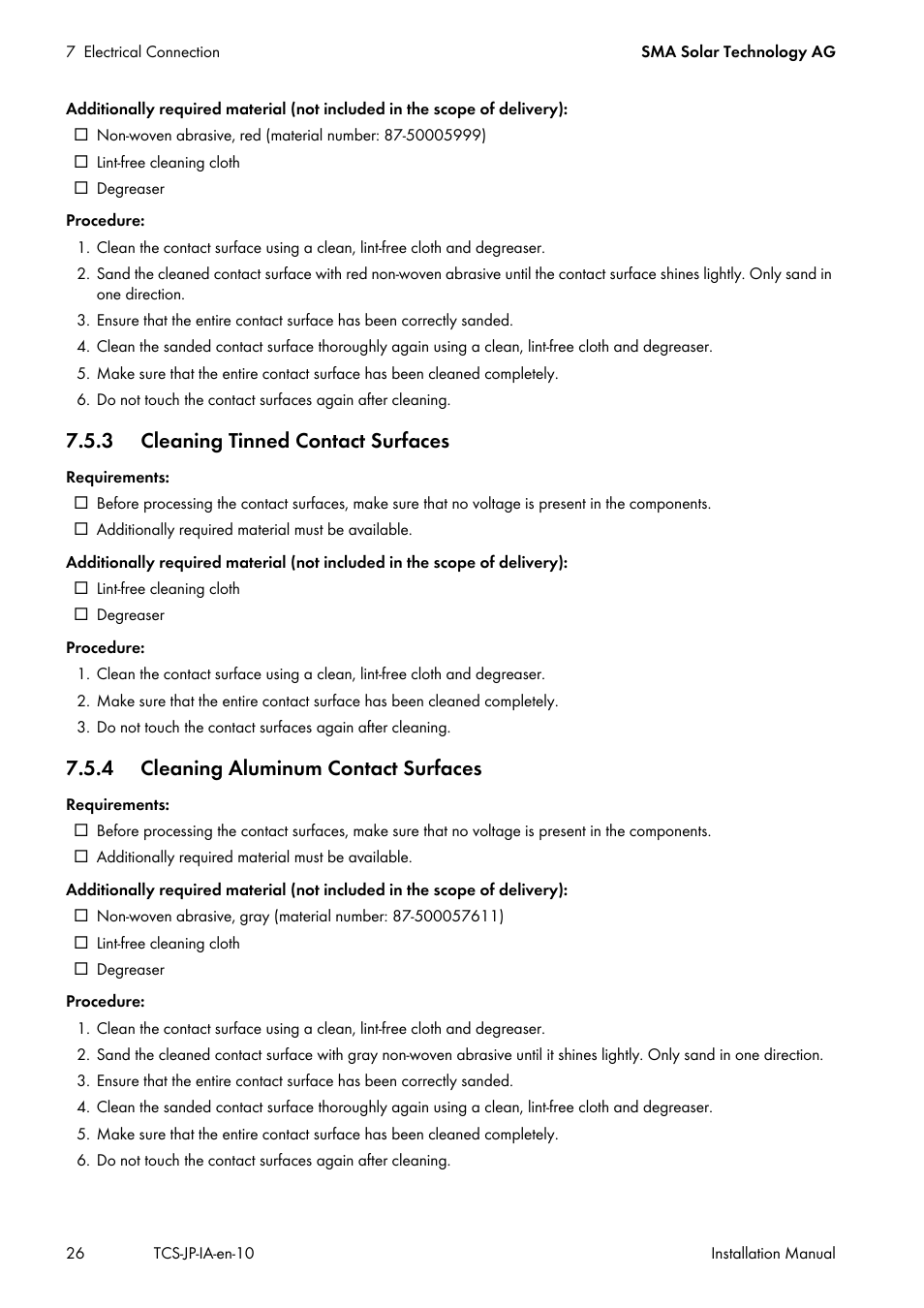 3 cleaning tinned contact surfaces, 4 cleaning aluminum contact surfaces | SMA TCS 500SC-JP User Manual | Page 26 / 52