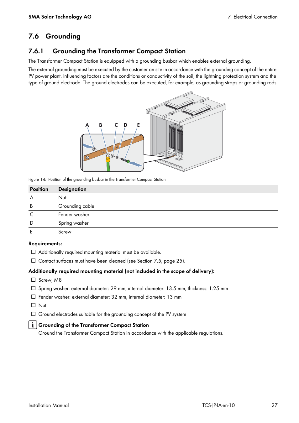 6 grounding, 1 grounding the transformer compact station | SMA TCS 500SC-JP User Manual | Page 27 / 52