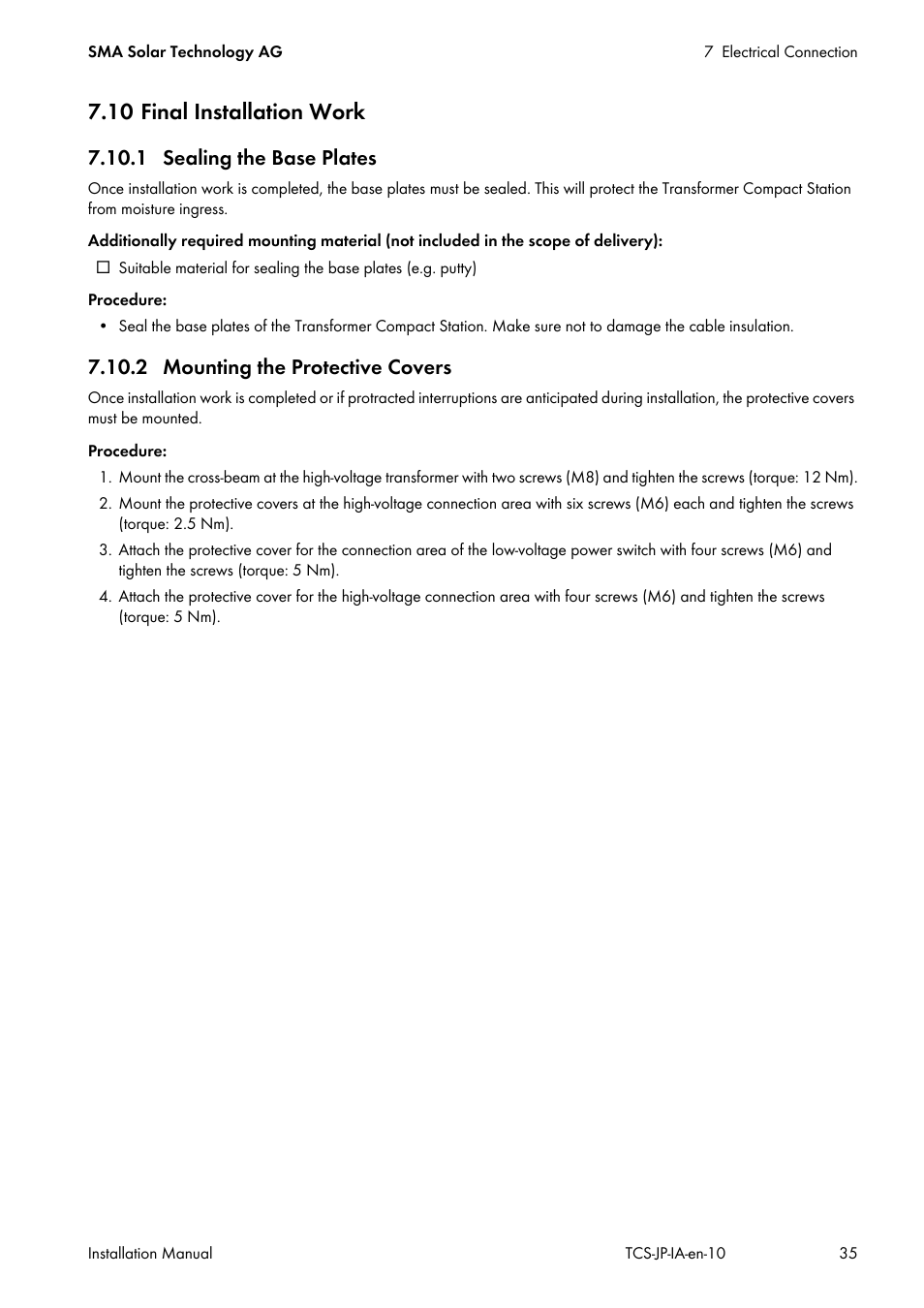 10 final installation work, 1 sealing the base plates, 2 mounting the protective covers | SMA TCS 500SC-JP User Manual | Page 35 / 52