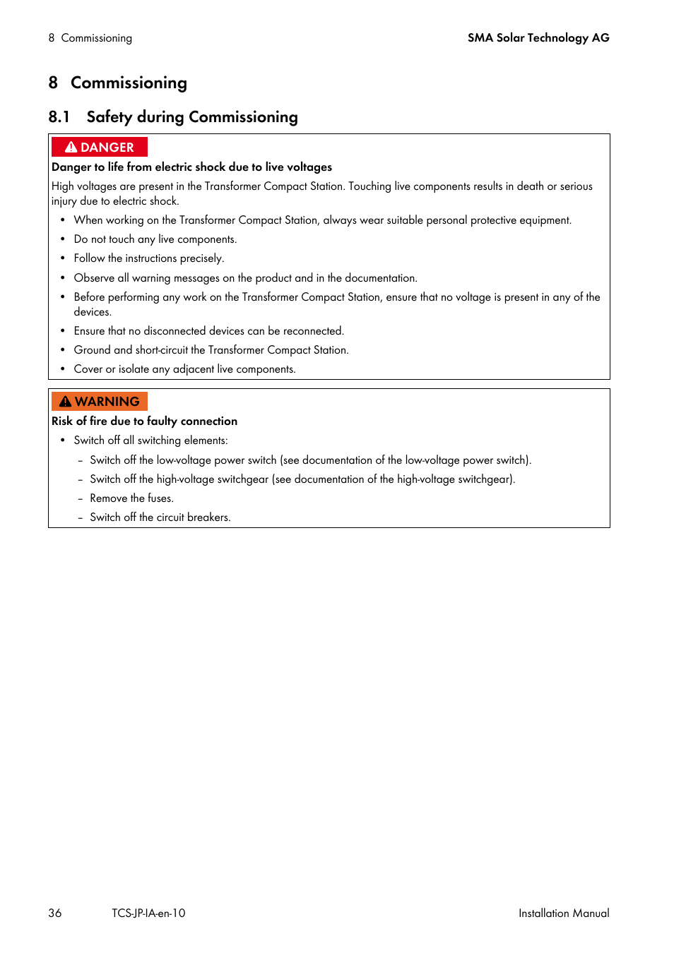 8 commissioning, 1 safety during commissioning | SMA TCS 500SC-JP User Manual | Page 36 / 52