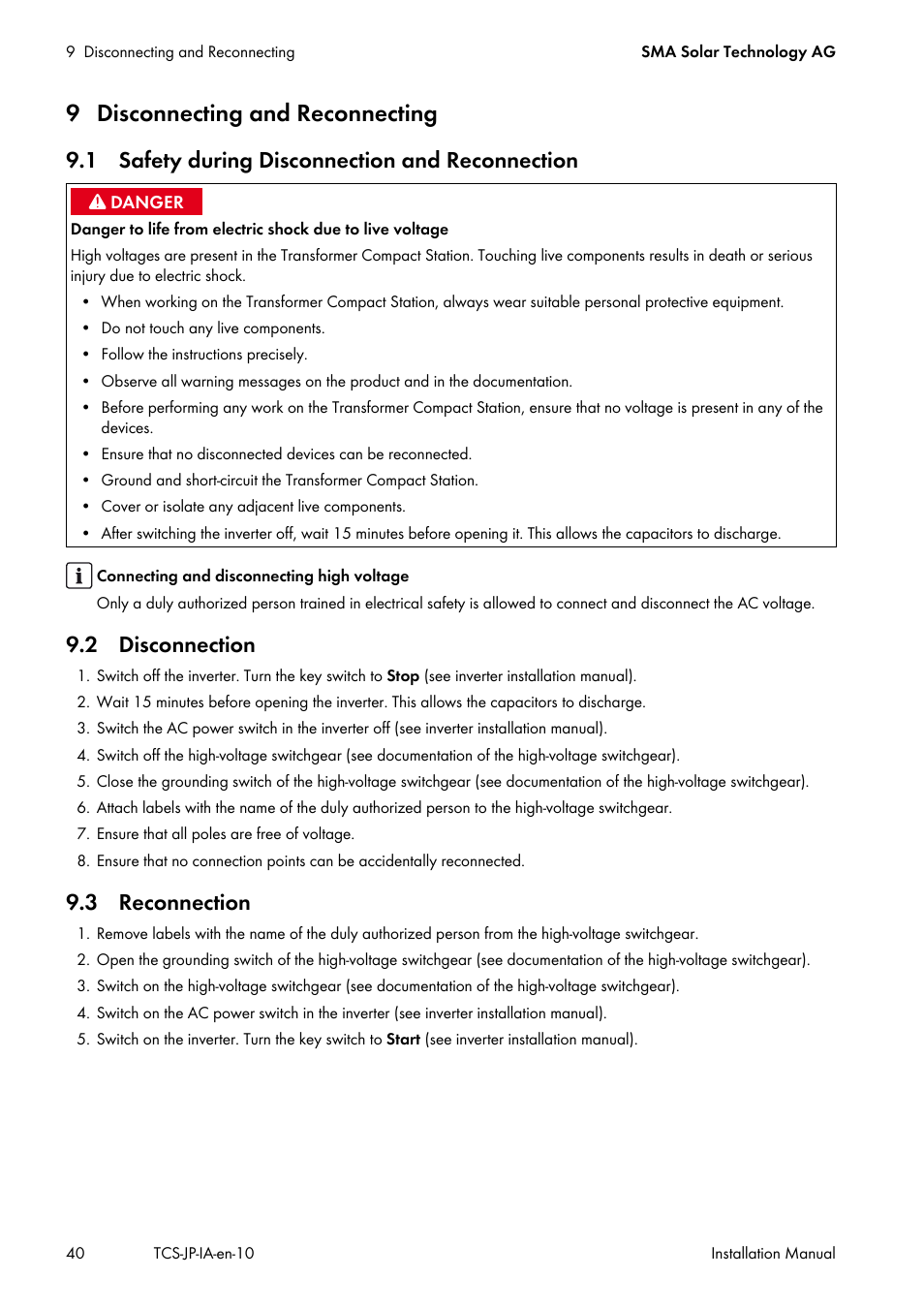 9 disconnecting and reconnecting, 1 safety during disconnection and reconnection, 2 disconnection | 3 reconnection | SMA TCS 500SC-JP User Manual | Page 40 / 52