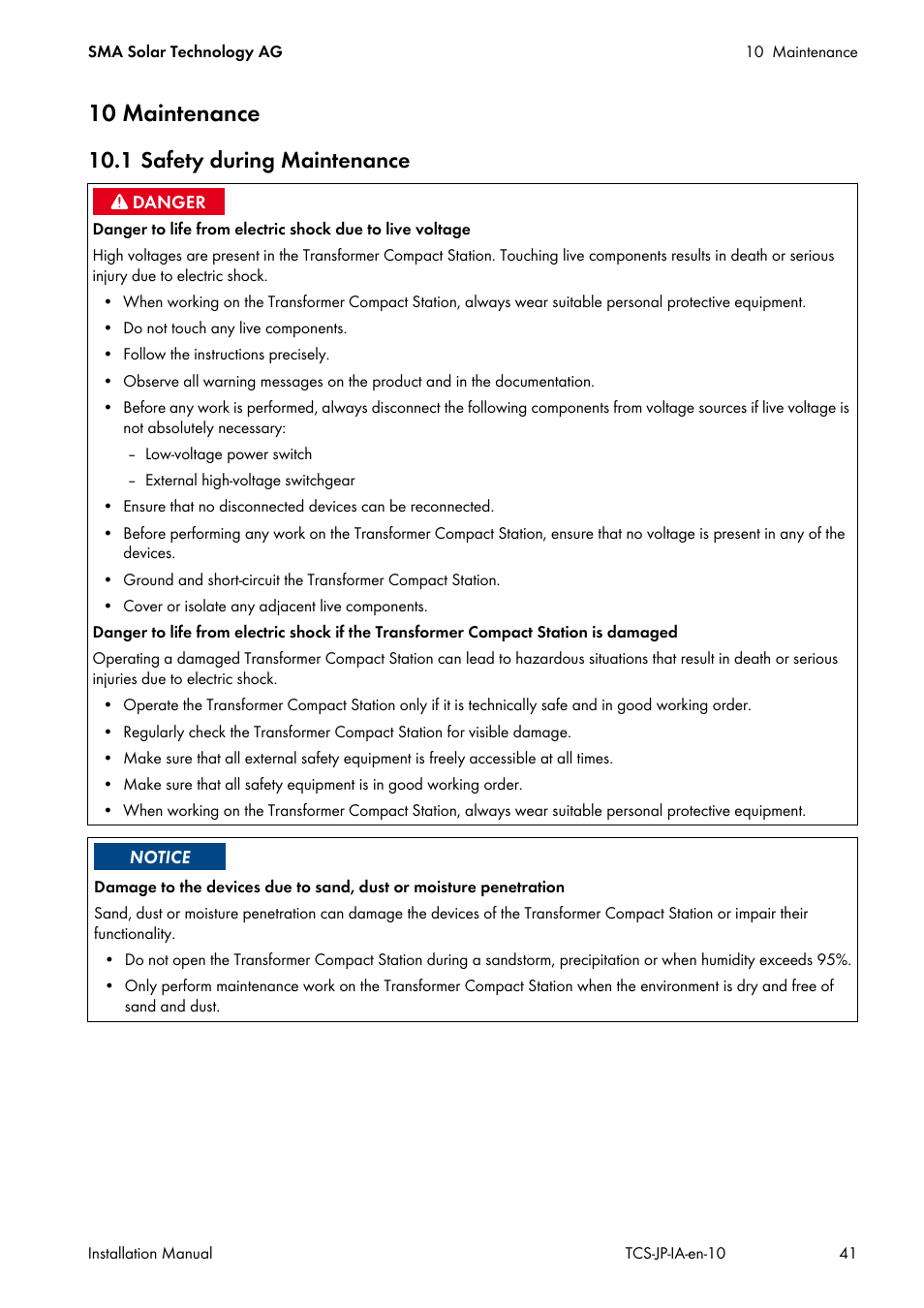 10 maintenance, 1 safety during maintenance | SMA TCS 500SC-JP User Manual | Page 41 / 52