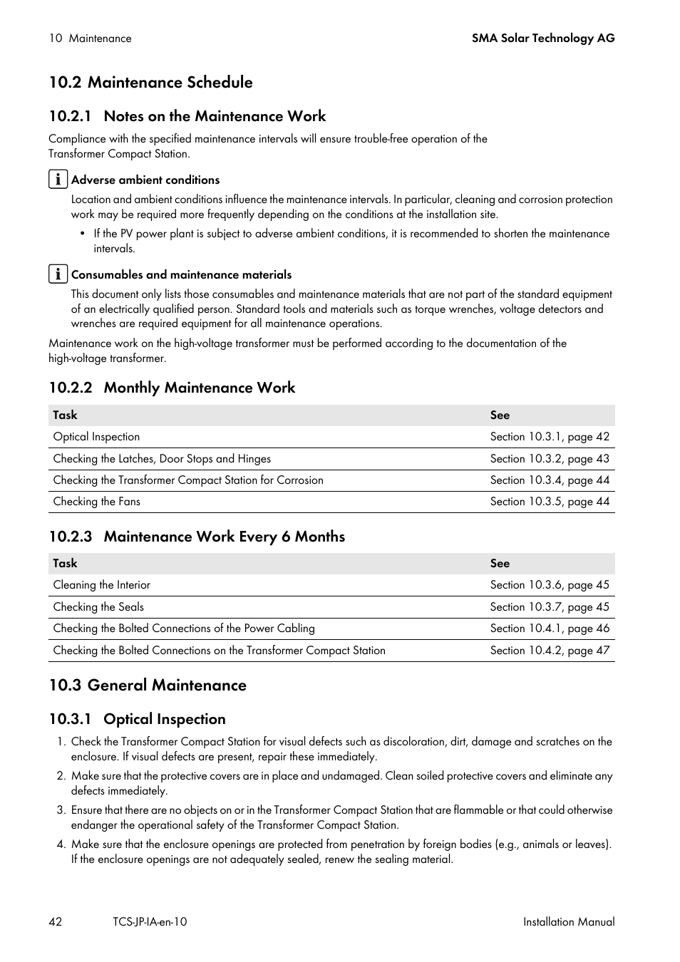 2 maintenance schedule, 1 notes on the maintenance work, 2 monthly maintenance work | 3 maintenance work every 6 months, 3 general maintenance, 1 optical inspection | SMA TCS 500SC-JP User Manual | Page 42 / 52