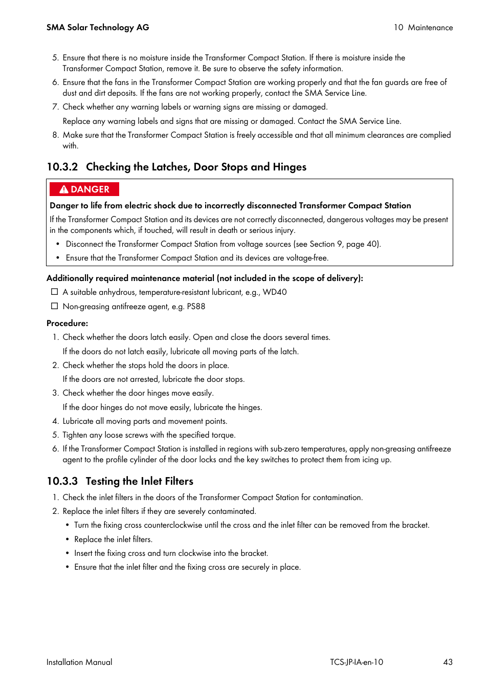 2 checking the latches, door stops and hinges, 3 testing the inlet filters | SMA TCS 500SC-JP User Manual | Page 43 / 52