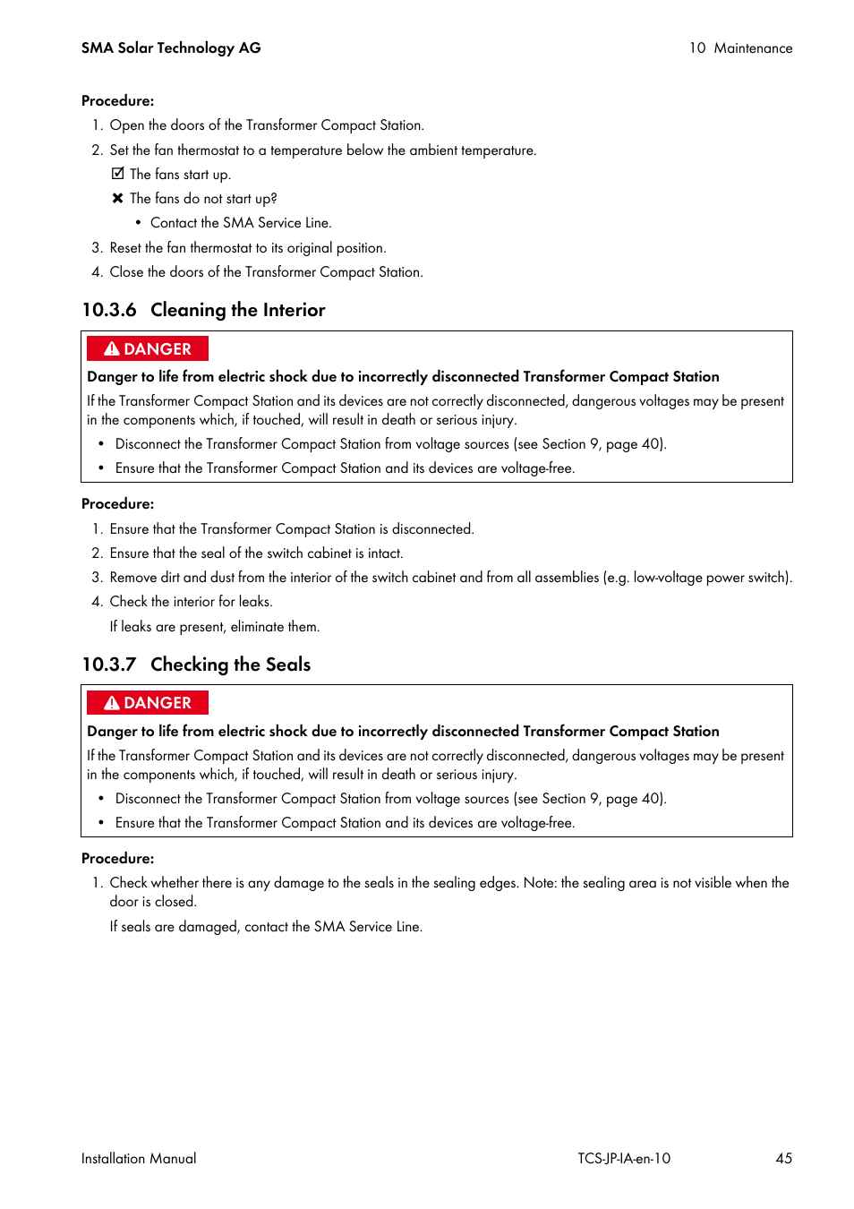 6 cleaning the interior, 7 checking the seals, 6 cleaning the interior 10.3.7 checking the seals | SMA TCS 500SC-JP User Manual | Page 45 / 52