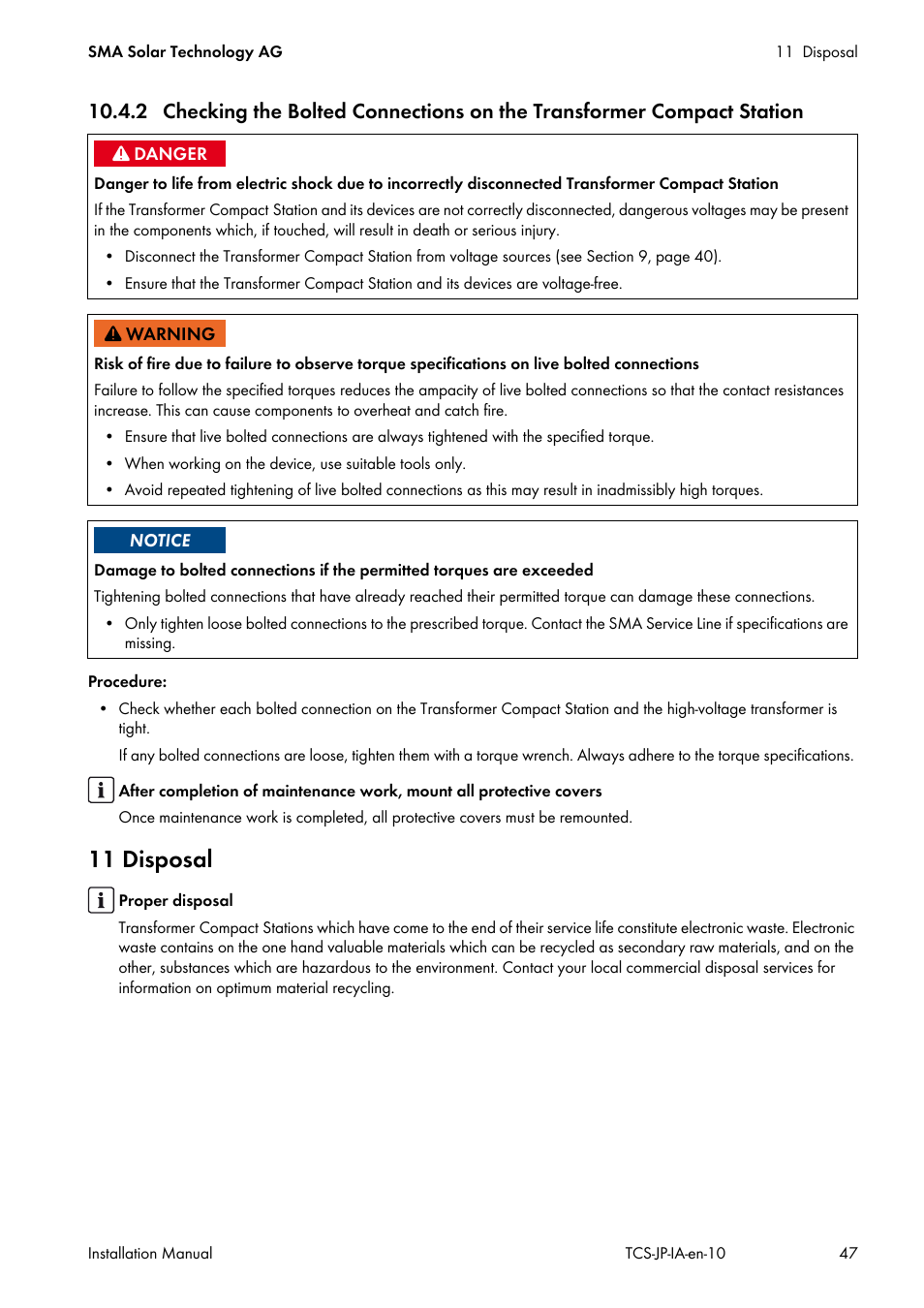 11 disposal | SMA TCS 500SC-JP User Manual | Page 47 / 52