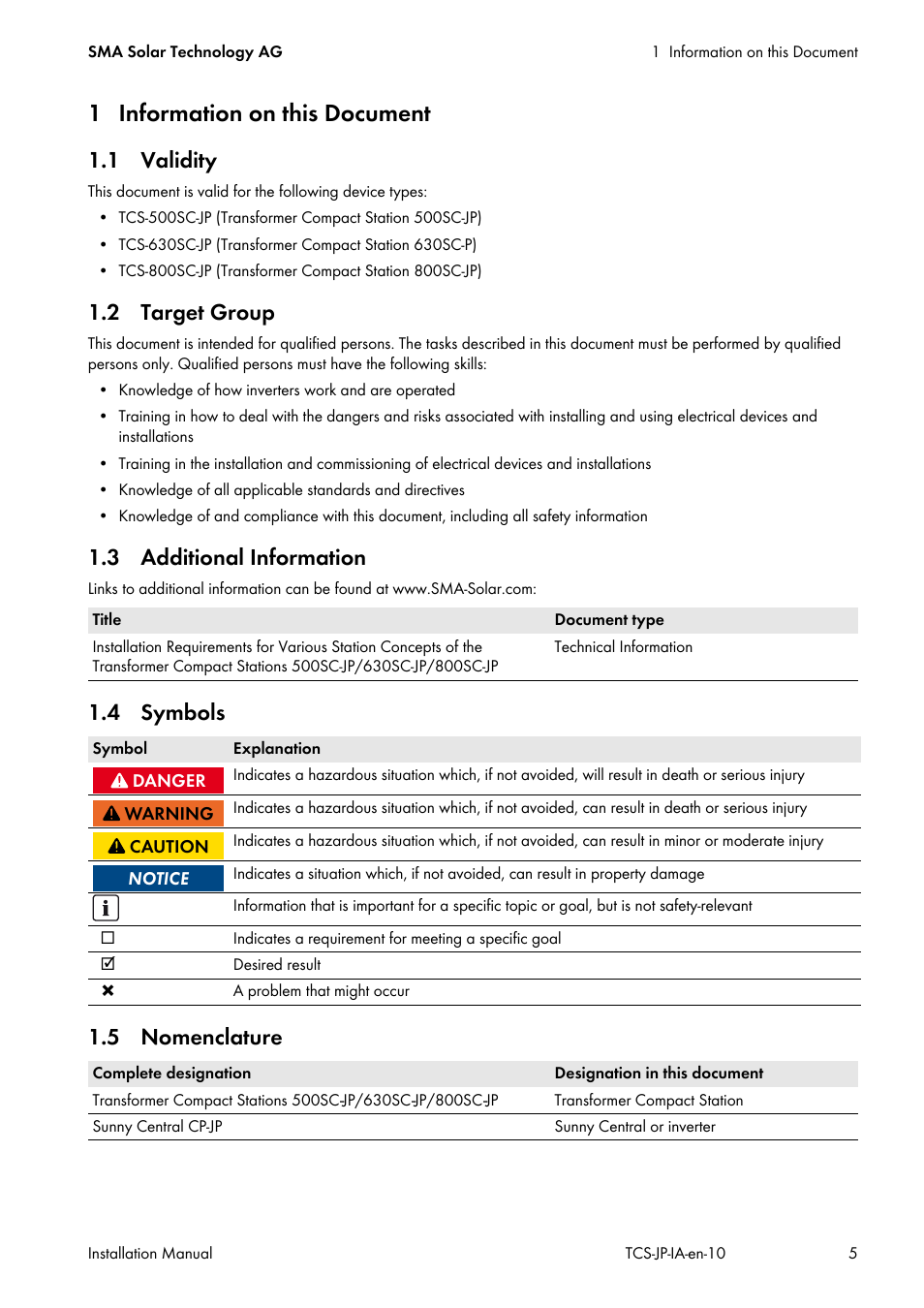 1 information on this document, 1 validity, 2 target group | 3 additional information, 4 symbols, 5 nomenclature, 4 symbols 1.5 nomenclature | SMA TCS 500SC-JP User Manual | Page 5 / 52