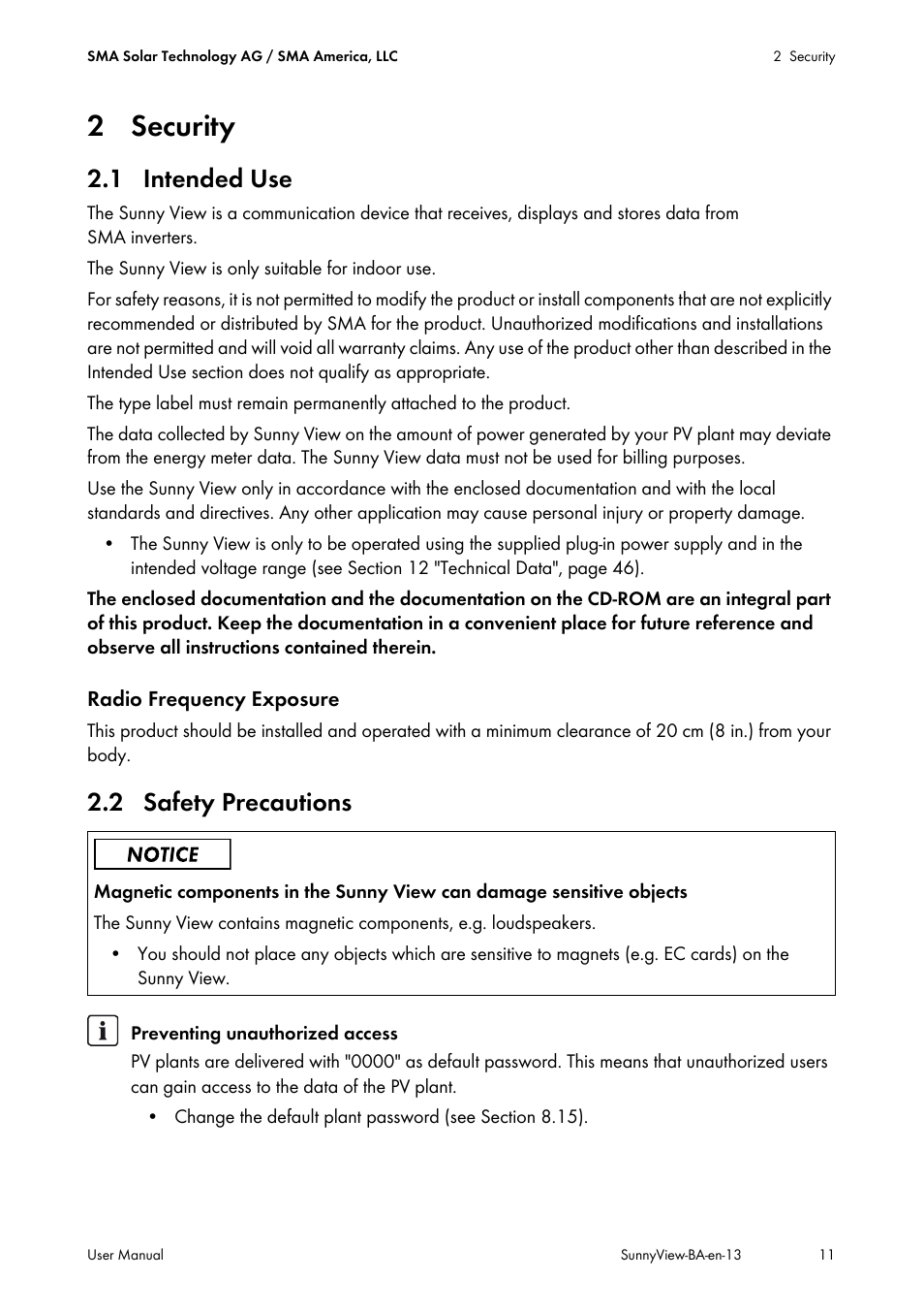 2 security, 1 intended use, 2 safety precautions | 1 intended use 2.2 safety precautions | SMA VIEW-10 User Manual | Page 11 / 52