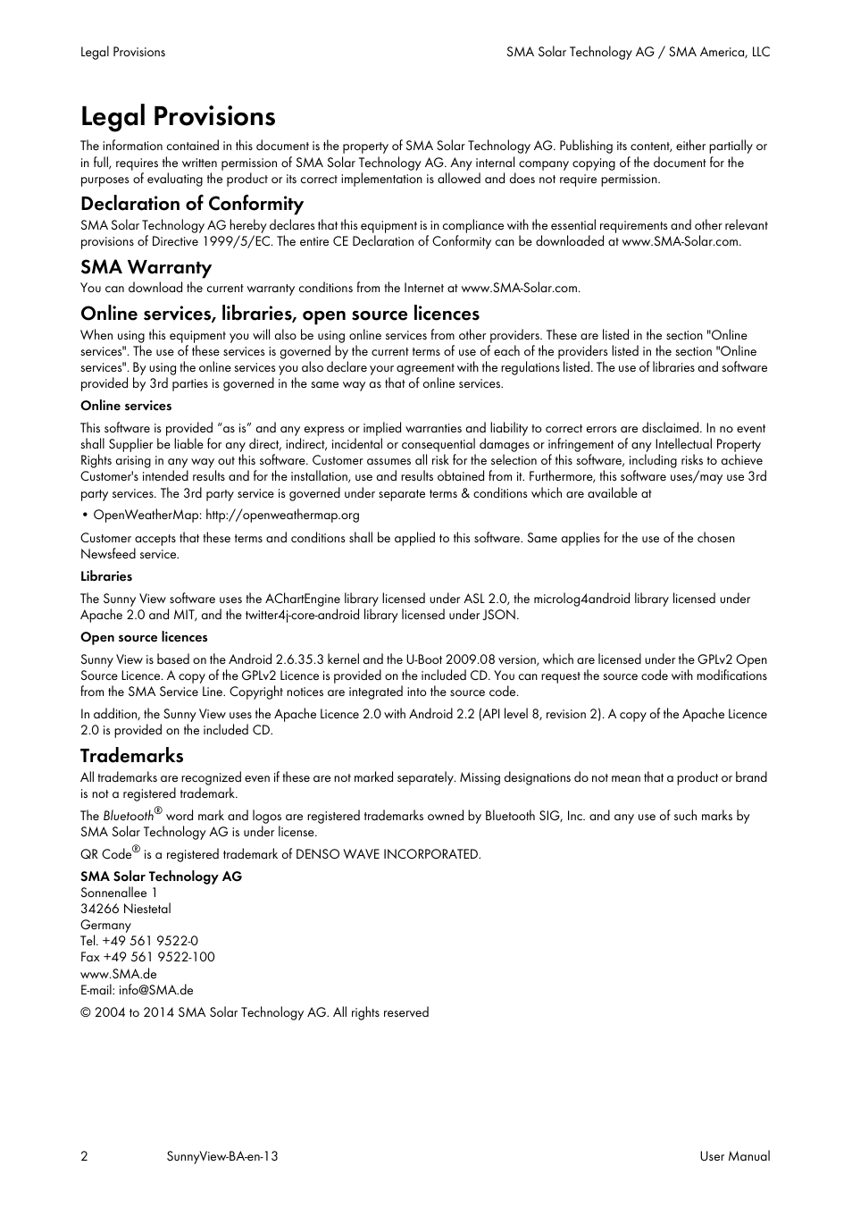 Legal provisions, Declaration of conformity, Sma warranty | Online services, libraries, open source licences, Trademarks | SMA VIEW-10 User Manual | Page 2 / 52