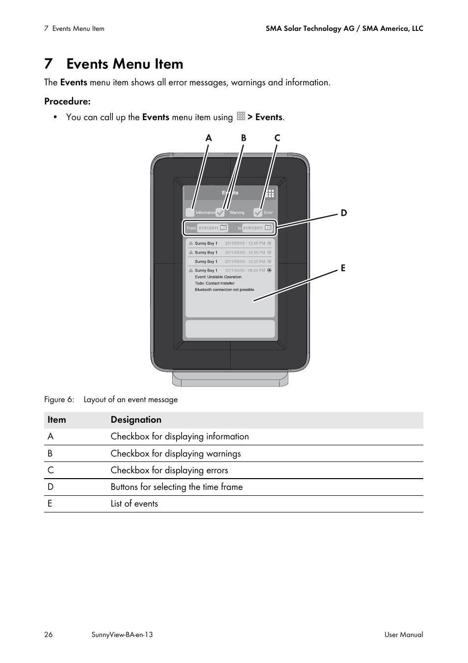7 events menu item | SMA VIEW-10 User Manual | Page 26 / 52