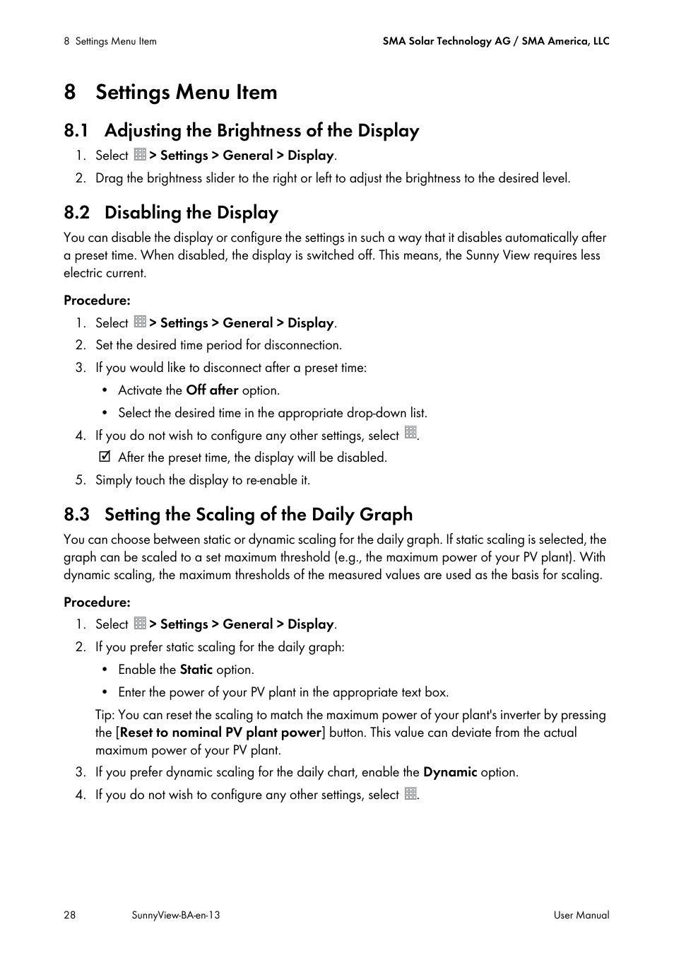 8 settings menu item, 1 adjusting the brightness of the display, 2 disabling the display | 3 setting the scaling of the daily graph | SMA VIEW-10 User Manual | Page 28 / 52