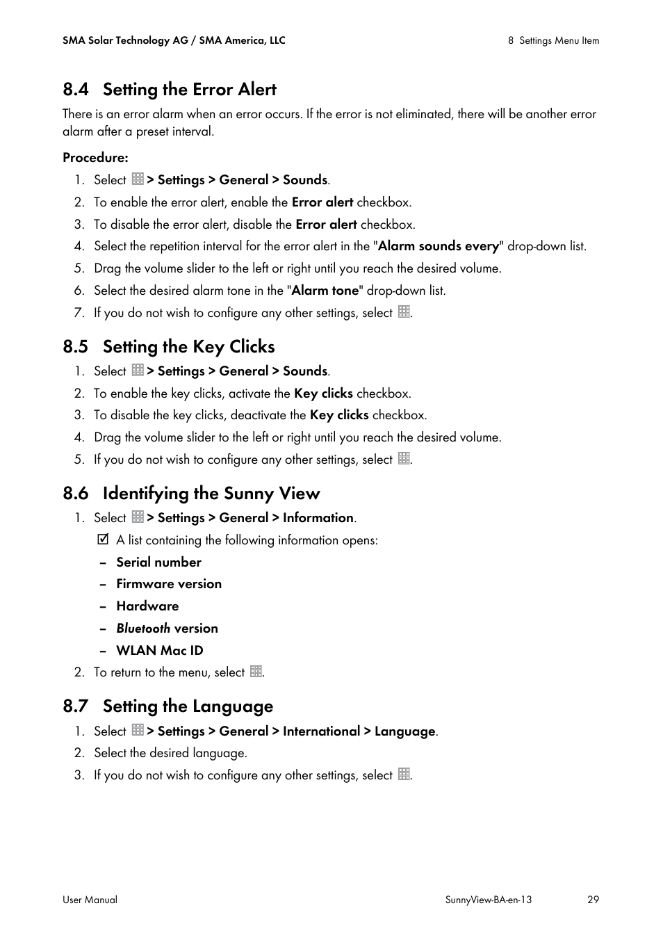 4 setting the error alert, 5 setting the key clicks, 6 identifying the sunny view | 7 setting the language | SMA VIEW-10 User Manual | Page 29 / 52