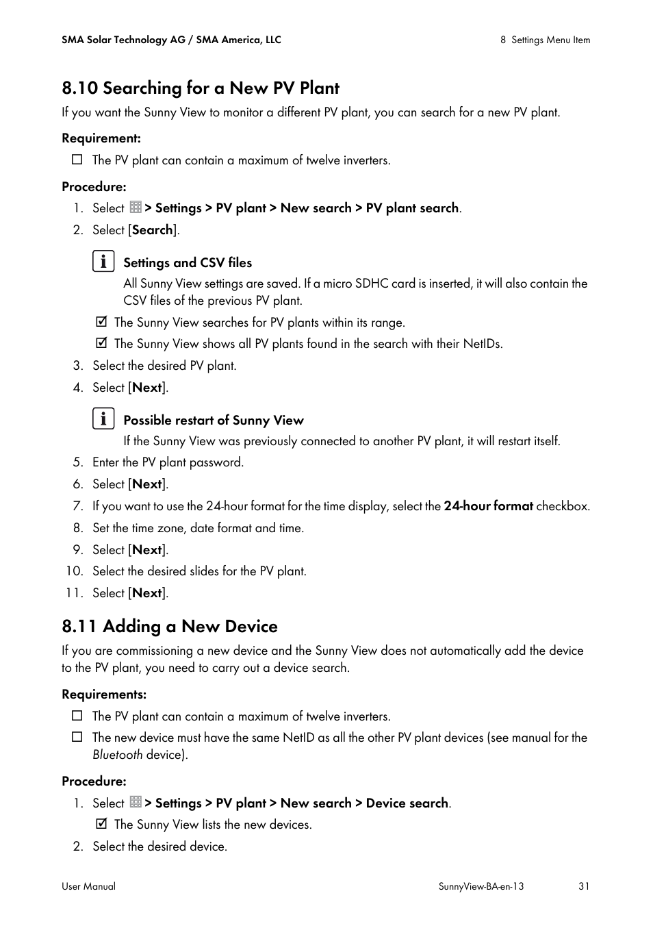 10 searching for a new pv plant, 11 adding a new device | SMA VIEW-10 User Manual | Page 31 / 52