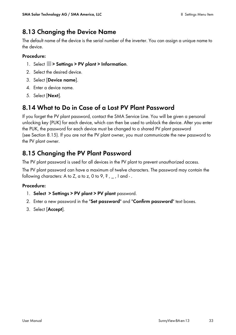 13 changing the device name, 14 what to do in case of a lost pv plant password, 15 changing the pv plant password | SMA VIEW-10 User Manual | Page 33 / 52