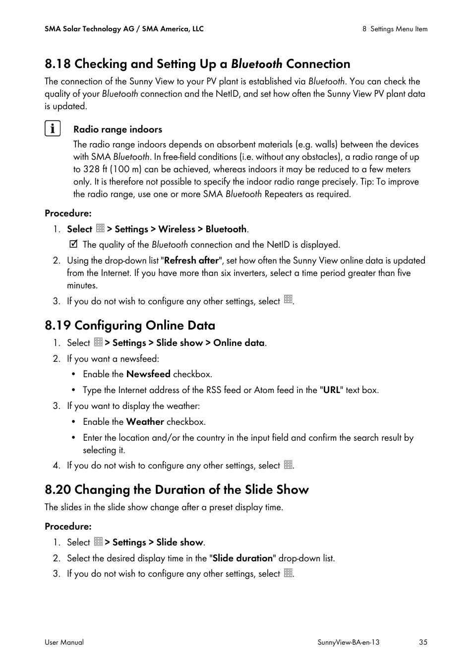 18 checking and setting up a bluetooth connection, 19 configuring online data, 20 changing the duration of the slide show | 18 checking and setting up a | SMA VIEW-10 User Manual | Page 35 / 52