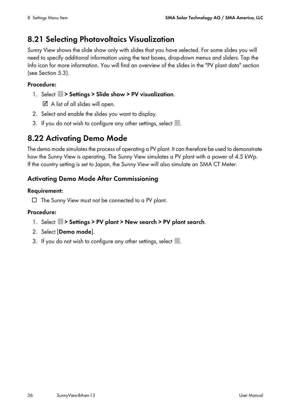 21 selecting photovoltaics visualization, 22 activating demo mode, Tion rate (see section 8.21) | SMA VIEW-10 User Manual | Page 36 / 52