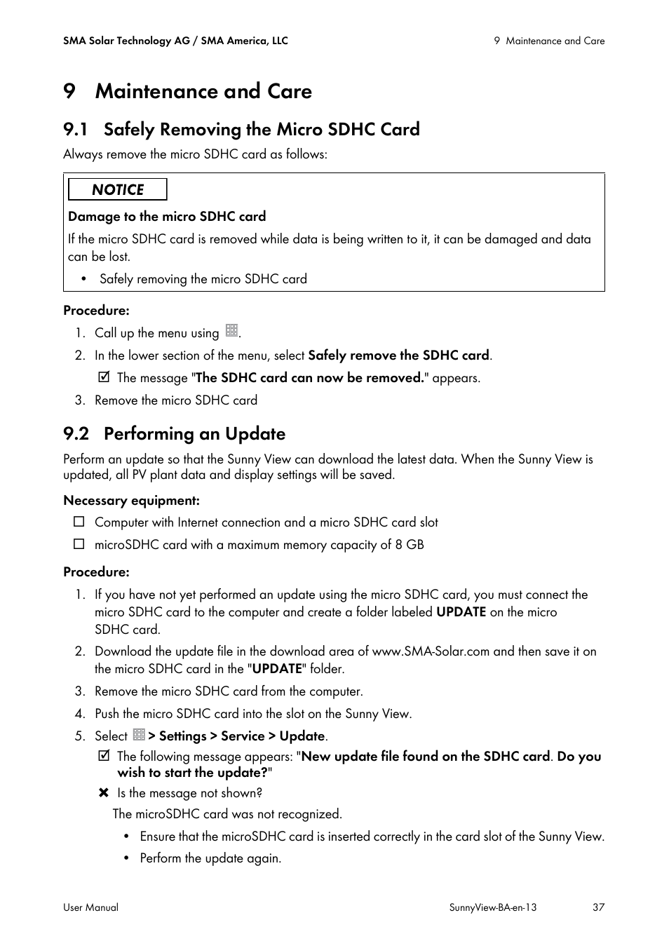 9 maintenance and care, 1 safely removing the micro sdhc card, 2 performing an update | SMA VIEW-10 User Manual | Page 37 / 52