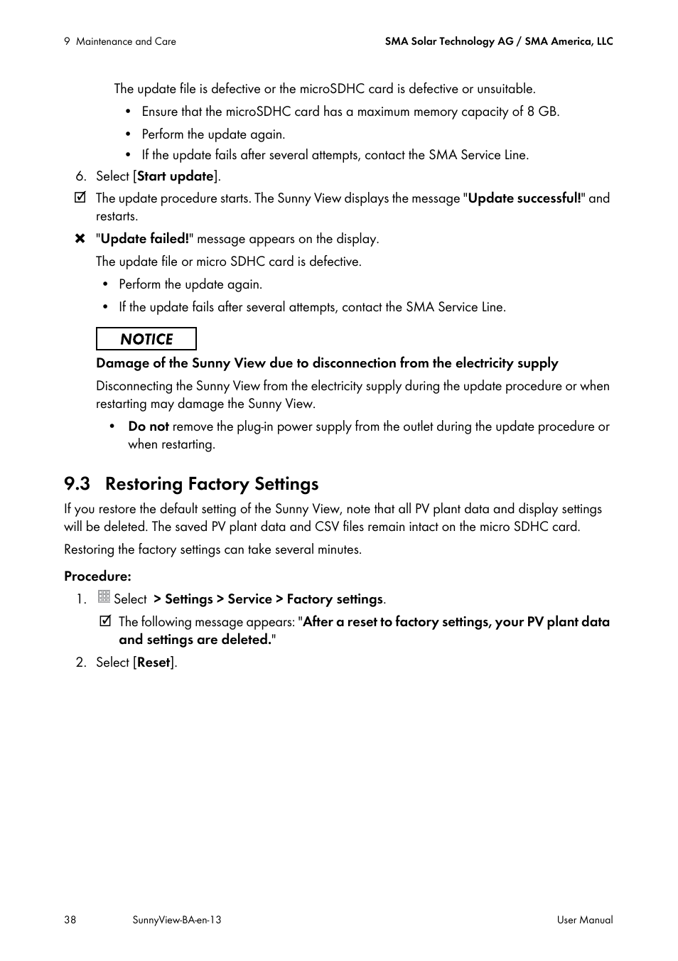 3 restoring factory settings | SMA VIEW-10 User Manual | Page 38 / 52