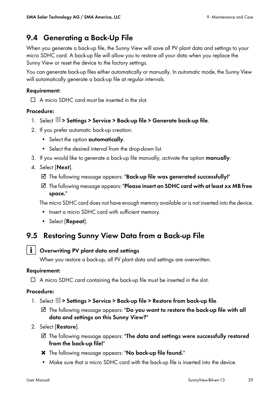4 generating a back-up file, 5 restoring sunny view data from a back-up file | SMA VIEW-10 User Manual | Page 39 / 52