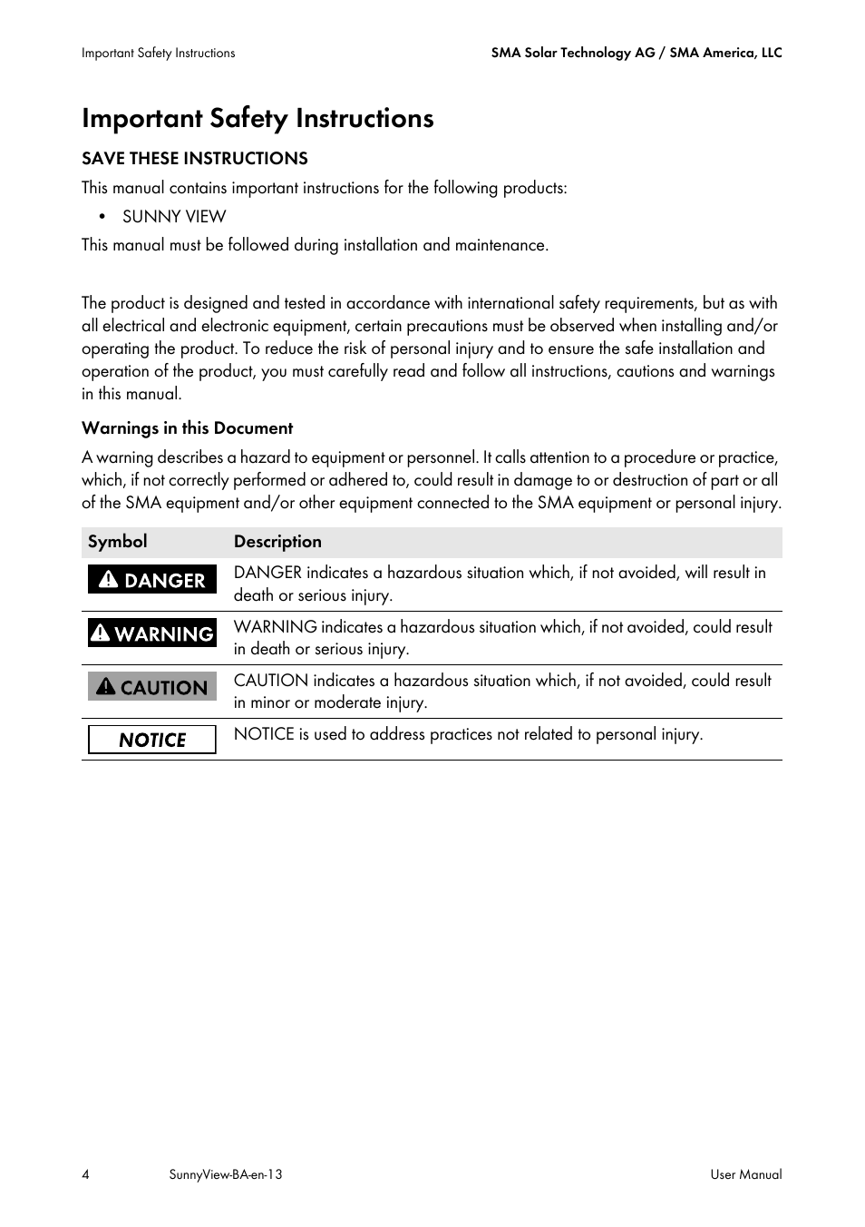 Important safety instructions | SMA VIEW-10 User Manual | Page 4 / 52