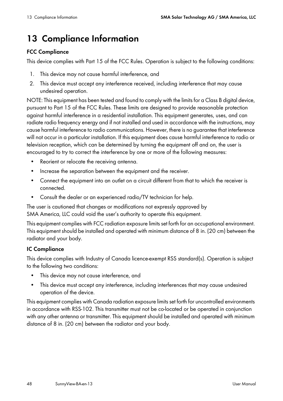 13 compliance information | SMA VIEW-10 User Manual | Page 48 / 52