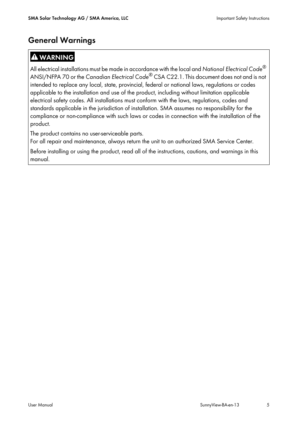 General warnings | SMA VIEW-10 User Manual | Page 5 / 52