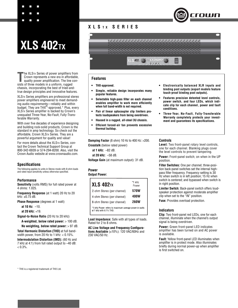 Crown Audio XLS-402TX User Manual | 2 pages