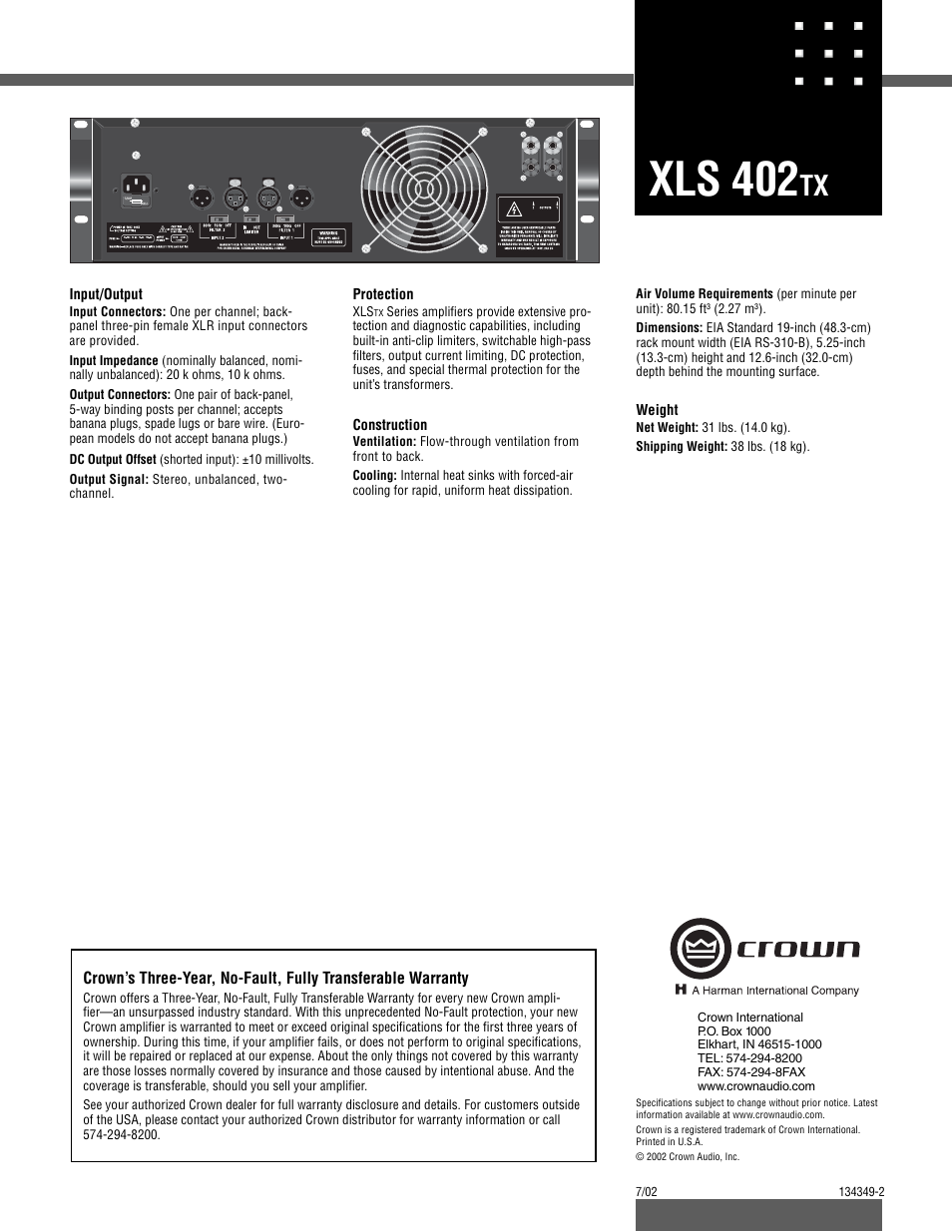 Xls 402 | Crown Audio XLS-402TX User Manual | Page 2 / 2