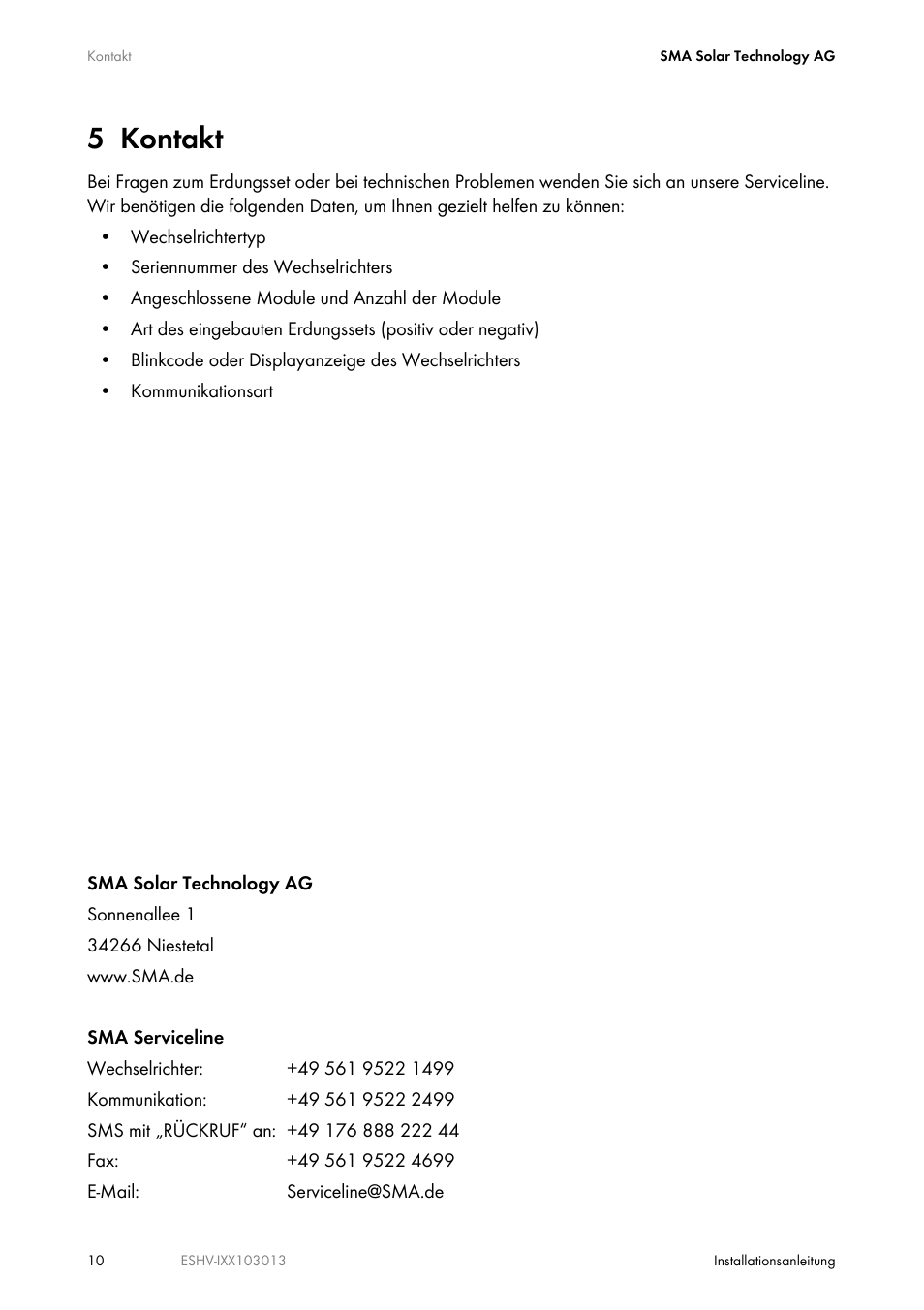 5 kontakt | SMA ESHV-P-NR User Manual | Page 10 / 100