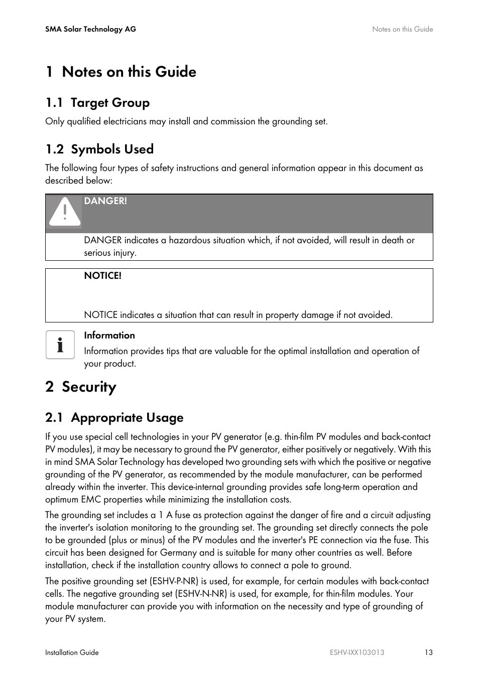 1 notes on this guide, 1 target group, 2 symbols used | 2 security, 1 appropriate usage | SMA ESHV-P-NR User Manual | Page 13 / 100