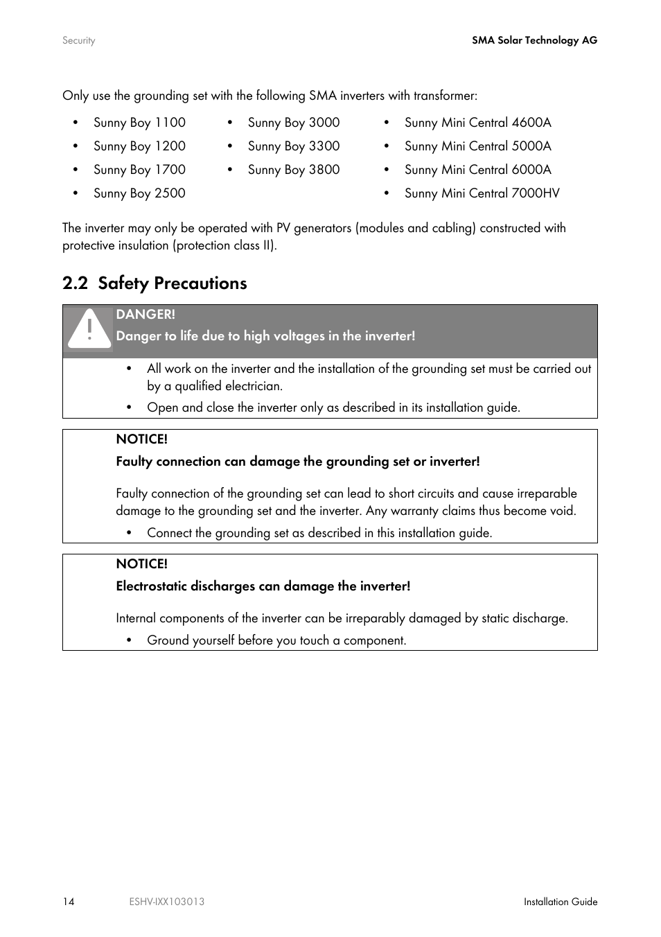 2 safety precautions | SMA ESHV-P-NR User Manual | Page 14 / 100