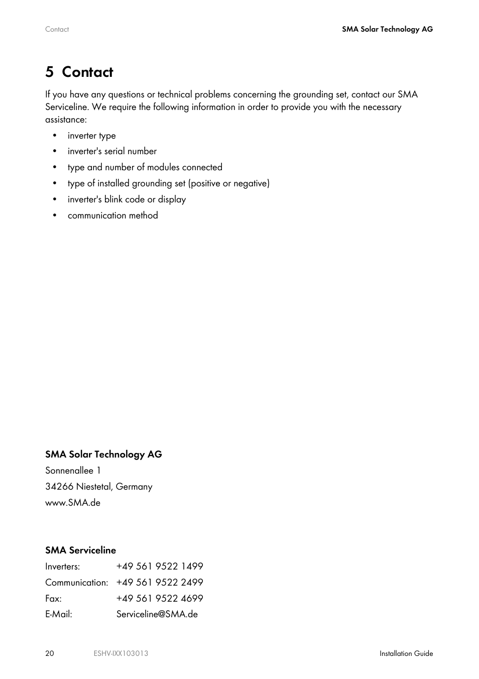 5 contact | SMA ESHV-P-NR User Manual | Page 20 / 100