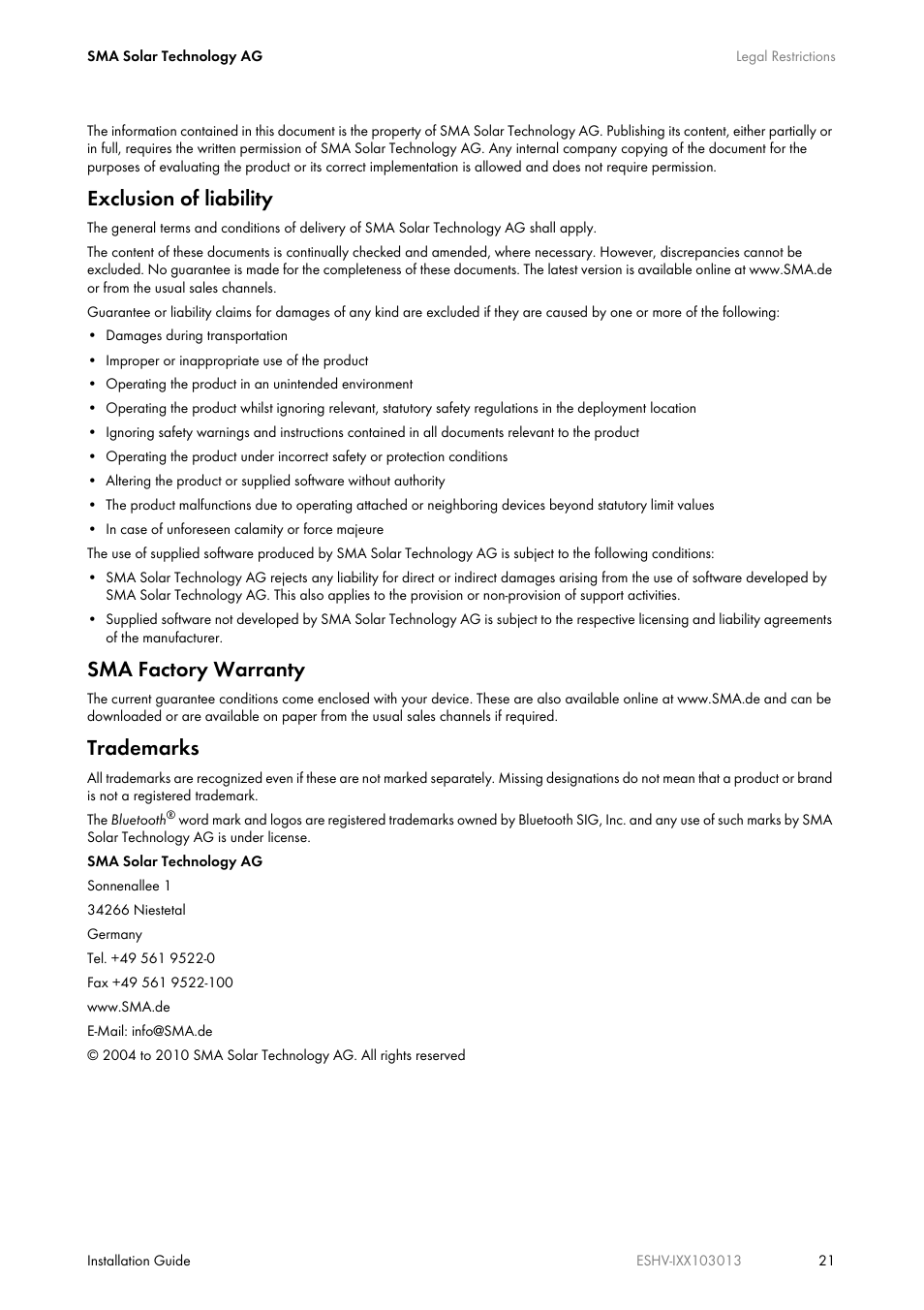 Exclusion of liability, Sma factory warranty, Trademarks | SMA ESHV-P-NR User Manual | Page 21 / 100