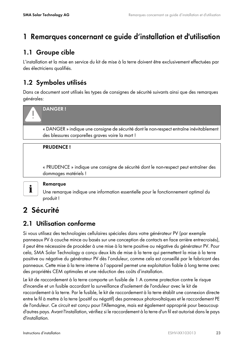 1 groupe cible, 2 symboles utilisés, 2 sécurité | 1 utilisation conforme | SMA ESHV-P-NR User Manual | Page 23 / 100