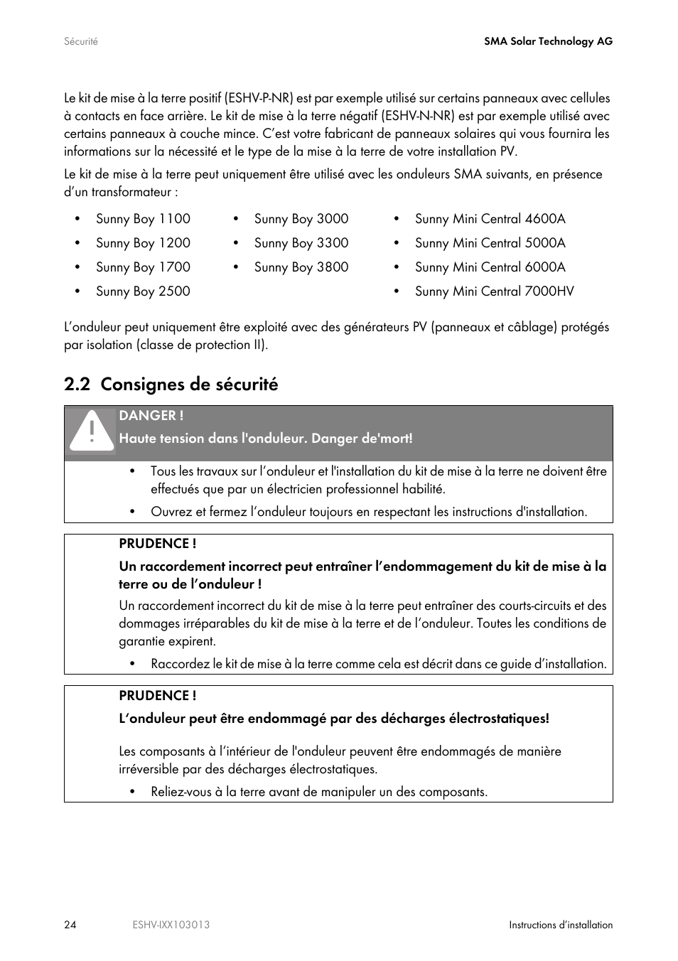 2 consignes de sécurité | SMA ESHV-P-NR User Manual | Page 24 / 100